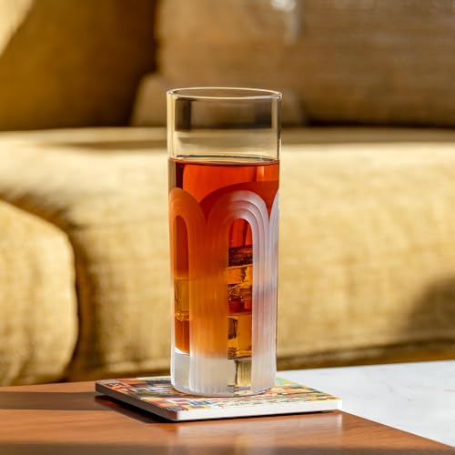 Rolf Glass Mid-Century Modern Highball Collins Glass | Made in America | Mojito Highball Glass | Geometric Arch Design | Diamond Engraved 12oz Tumbler | Set of 2