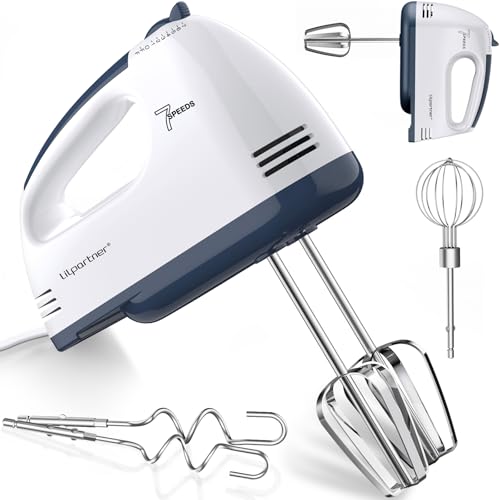 LILPARTNER Hand Mixer Electric, Ultra Power Kitchen Hand Mixer With 7-Speed & 5 Stainless Steel Accessories for Whipping Dough, Cream, Cake, Dishwasher Safe, Light White
