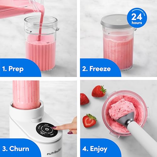 nutribullet Chill Ice Cream Maker, for Gelato, Sorbet, Frozen Yogurt, Smoothie Bowls, Compact Size, (2) Dishwasher Safe 16 oz. Pint Cups with Lids, White, NBD50100AW