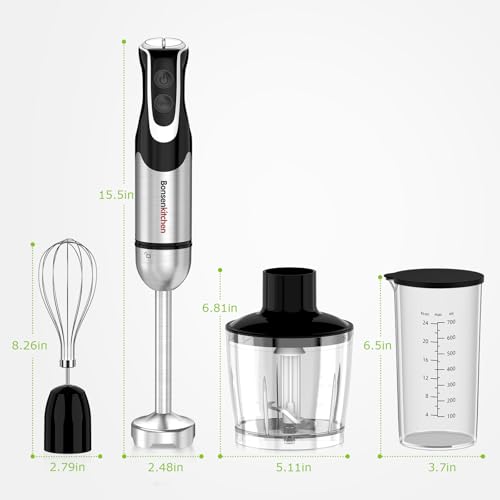 Bonsenkitchen 4-in-1 Immersion Blender Handheld with Food Processor, 12 Speeds Hand Blender with Turbo Mode, Stainless Steel Blade, Egg Whisk, Beaker & Chopper Bowl, Stick Mixer for Smoothie, Puree