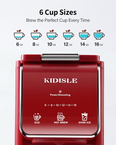 KIDISLE Single Serve Coffee Maker for K Cup & Ground Coffee – Hot & Iced, 6-16oz Sizes, 40oz Water Tank, Reusable Filter, Compact for Home Office Dorm, Red