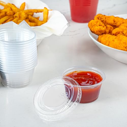 Amazon Basics Disposable Plastic To-Go Cups and Lids, Mini, 2oz, 50 Count, BPA Free, for Condiment, Salad Dressing, Sauces, Jello Shots