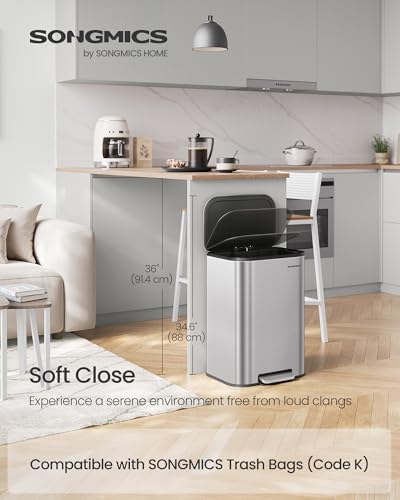 SONGMICS Kitchen Trash Can, 13-Gallon (50 L) Garbage Can with Lid, Stainless Steel, Soft Close and Stays Open, Inner Bucket, Wide Non-Slip Pedal, Metallic Silver ULTB547E01
