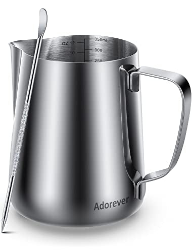 Milk Frothing Pitcher, 8.5oz/12oz/20oz/32oz/50oz/66oz Milk Frother Cup Stainless Steel, Espresso Accessories, Milk Steaming Pitchers Coffee Cappuccino Latte Art Barista Milk Jug Cup with Art Pen,12oz
