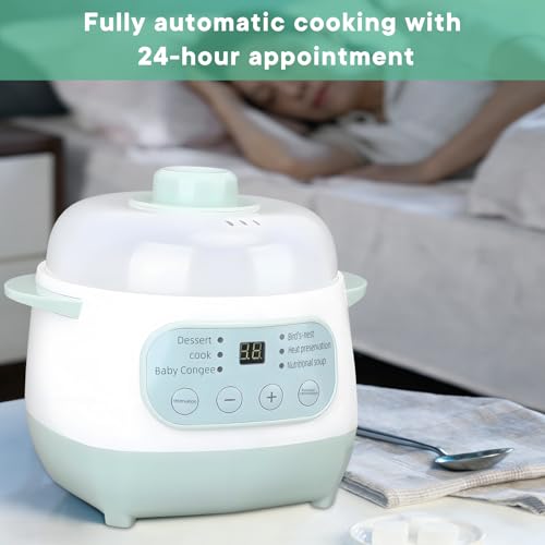 Green 1L Mini Slow Cooker with Steamer Basket, 200W Smart Ceramic Electric Stew Pot, 24-Hour Timer & Auto Keep-Warm, Dry-Burn Protection, Kitchen Cooking Appliance