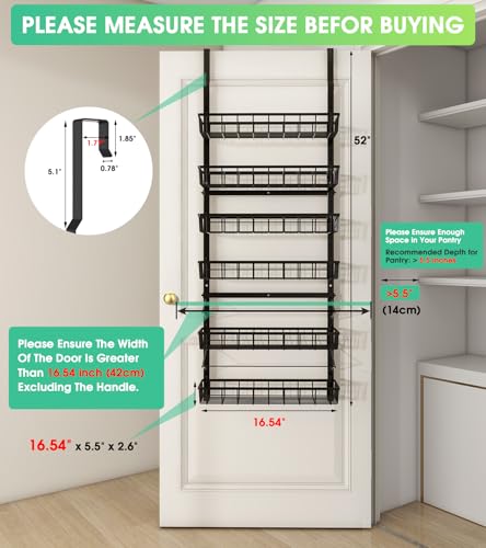 Mefirt Over The Door Pantry Organizer, Pantry Storage and Organization, 6-Tier Adjustable Hanging Baskets, Metal Wall Mount Spice Rack Seasoning Shelves for Home & Kitchen, Laundry Bathroom - Black