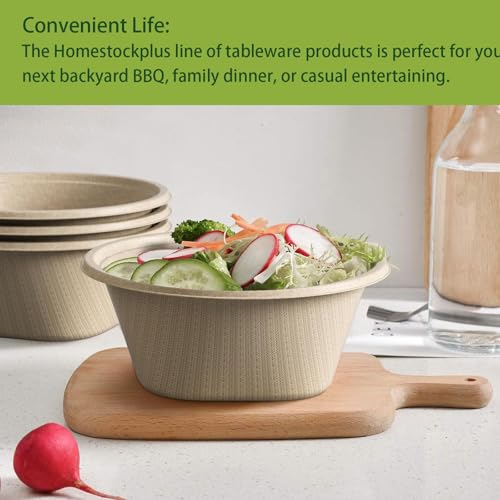 Homestockplus 48 Oz Disposable Bowls - Heavy Duty and Compostable Bowl - Made from Sugarcane and Bamboo Fibers, Microwave Safe - Large Paper Bowl for Soup, Salad, Ramen, Popcorn, etc. [50 Pack]