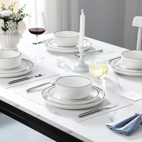 MALACASA Plates and Bowls Sets, 12 Pieces Modern Porcelain Dinnerware Set for 4 White Kitchen Dinner Dining Ware Set wtih Black Rim Ceramic Dishware Dishes Microwave and Dishwasher Safe, Series LUNA