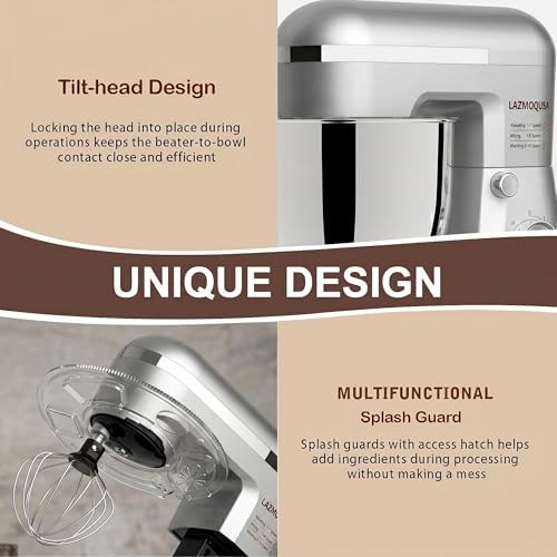 LAZMOQUSA 6in1 Stand Mixer with 6.5 Quart Bowl, 660W 10+p Speeds Kitchen Food Mixer Tilt-Head Bread Dough and Cake Mixers for Home Daily (Sliver)