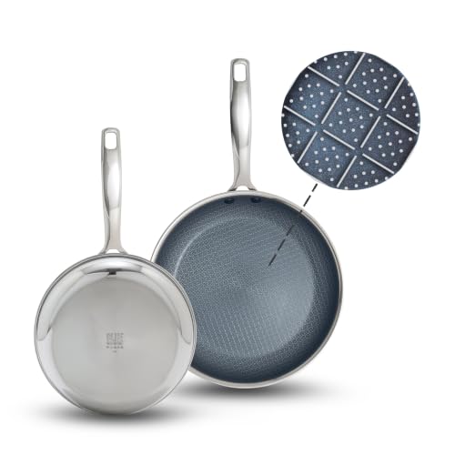 Blue Diamond Hybrid Nonstick Stainless Steel 8” & 10” Frying Pan Skillet Set, PFAS-Free Ceramic Diamond Bond