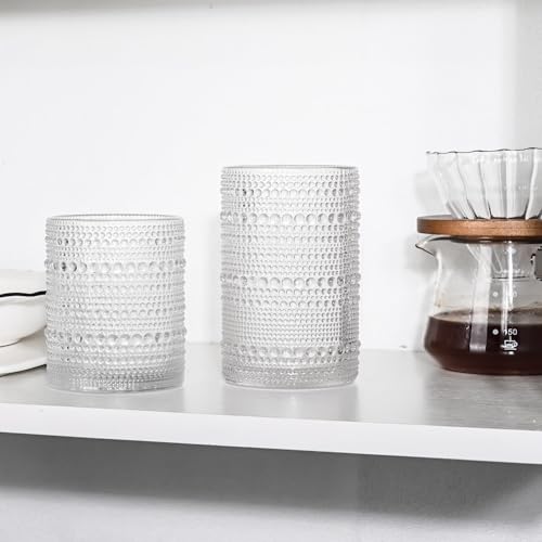JPPSUJJ Vintage Hobnail Drinking Glasses Set of 8, 15 oz Highball Glasses & 12 oz Cocktail Glasses, Drinkware Kitchen Glasses for Cocktail, Iced Coffee, Beer, Ice Tea, Wine, Whiskey, Water