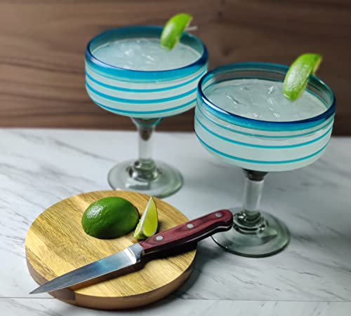 Dos Sueños Mexican Hand Blown Glass – Set of 4 Hand Blown Margarita Glasses (16 oz) with Aqua Spiral Design