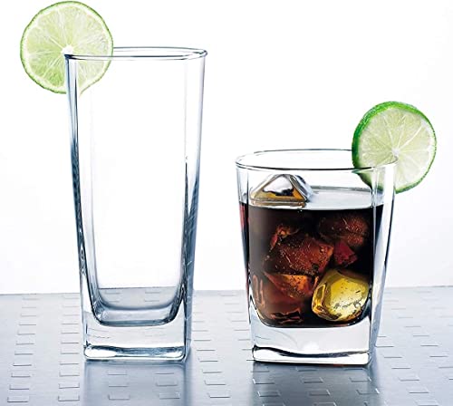 Le'raze Collins Everyday Drinking Glasses Set of 16 Drinkware Kitchen Glasses for Cocktail, Iced Coffee, Beer, Ice Tea, Wine, Whiskey, Water, 8 Tall Highball Glass Cups & 8 Short Old Fashioned.