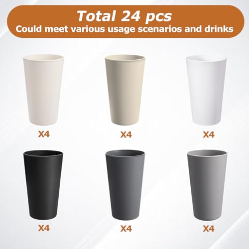 24 Pcs Unbreakable Plastic Cups Set, 20 oz Reusable Plastic Cups, Stackable Water Tumblers, Drinking Cup for Kitchen, Outdoor, BPA-free, Dishwasher Refrigerator and Microwave Safe (20 oz, 6 Colors)