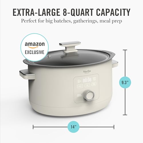 Martha Stewart 8 QT Slow Cooker, Programmable with Timer, 3 Heat Settings (Low, High, Warm), Nonstick Ceramic Removable Crock, Stovetop & Oven Safe, Glass Lid, Simmer, Reheat, Warm, Linen
