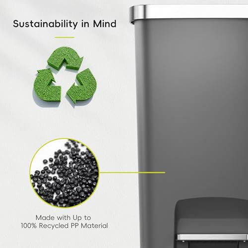 EKO Hana Select 13.2 Gallon / 50L Step Trash Can, Large Plastic Kitchen Trash Can with Stainless Steel Lid, Soft-Close & Stay-Open, Deodorizer Compartment, Wide Steel Pedal Garbage Can for Home, Grey
