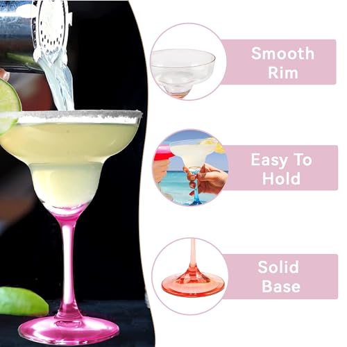 Lily's Home Unbreakable Margarita Glasses with Colored Stems, Set of 4, 10oz Reusable Plastic Stemware, Shatterproof Party Cups for Outdoor Patio, Pool, and Picnic