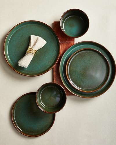 Pokini Plates and Bowls Sets for 4, Ceramic Dinnerware Sets, Kitchen Dish Set, Microwave & Dishwasher Safe Dishware, Highly Durable Hand Glazed Dinner Set, Brown Green