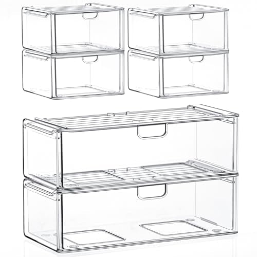 caktraie Acrylic Stackable Storage Drawers Set of 6, Clear Plastic Storage Drawer Organzier, Storage Organizer, Makeup Organizer,Ideal for Vanity, Bathroom,Cabinet,Pantry Organization