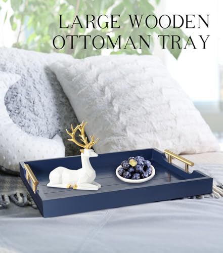 SXNOWS Coffee Table Tray - Large Ottoman Tray for Living Room - Wood Serving Tray with 2 Sets of Handles - Wooden Trays for Coffee Tables, 4 Round Coasters Included, Deep Blue
