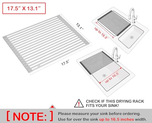 Surpahs 17.5 x 13.1 Inch Roll-Up Dish Drying Rack, Fits Across Sink Openings up to 16.5 Inches, Heavy-Duty Premium Silicone, Strong Support, Non-Slip, Heat-Resistant, Warm Gray