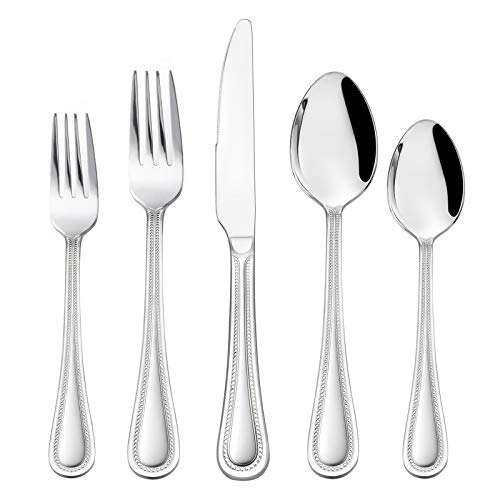 HaWare 65-Piece Silverware Set with Serving Utensils, Stainless Steel Flatware Service for 12, Pearled Edge Tableware Cutlery for Home Restaurant Party, Mirror Polished, Dishwasher Safe