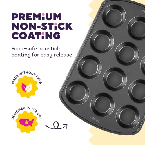 Wilton Gold Non-Stick Bakeware Muffin Pan - Baking Pan for Muffins & Cupcakes - Made Without PFAS, Dent Resistant & Dishwasher Friendly - Offers Even Heat Distribution - 10.5 x 15 x 2 Inches, 12 Cup