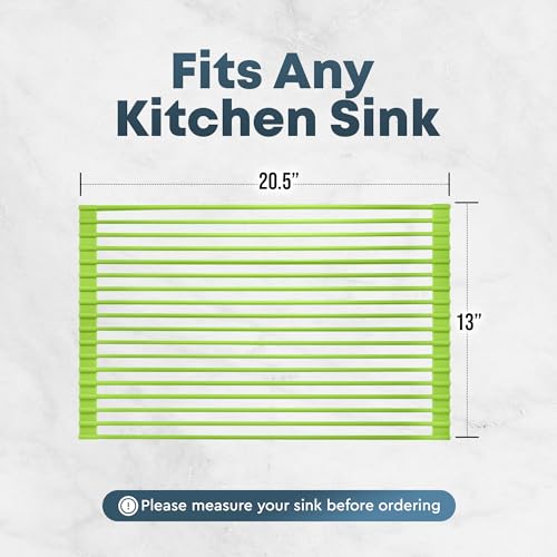 Zulay Kitchen Large Roll Up Dish Drying Rack - Heavy Duty Silicone Wrapped Steel Rods Over Sink Dish Drying Rack - Versatile Roll Up Sink Drying Rack & Trivet - Green,20.5 inches x 13 inches