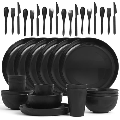36 Pcs Wheat Straw Dinnerware Set,Dinnerware Sets for 6,Large Round Plates, Bowls and Cups, Unbreakable dish set, Dishwasher and Microwave Safe, Outdoor Camping Dishes (Black)