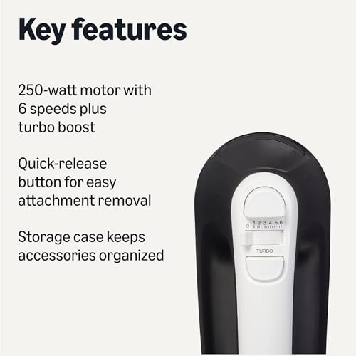 Amazon Basics 6-Speed Electric Hand Mixer with Turbo and Stainless Steel Whisk, Snap-On Storage Case, 250 Watts, Black