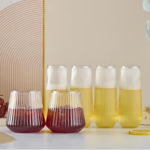 56 Pack Ribbed Origami Ripple Plastic Glasses, 32 Pcs 9 OZ Stemless Champagne Flutes & 24 Pcs 14 OZ Plastic Wine Glasses, BPA-Free Disposable Shatterproof Toasting Glasses for Weddings Parties