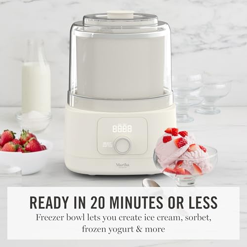 Martha Stewart Ice Cream Maker, 2 Quart Double-Insulated Freezer Bowl, Sorbet & Frozen Yogurt, Ready in 20 Minutes, Mix-Ins Chute, Easy to Clean, Linen Cream