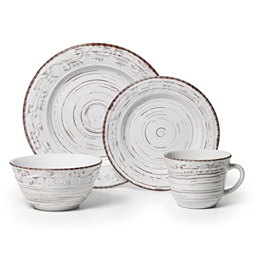 Pfaltzgraff Trellis White 16-Piece Stoneware Dinnerware Set, Service for 4, Distressed White Finish, Microwave & Dishwasher Safe Plates and Bowls