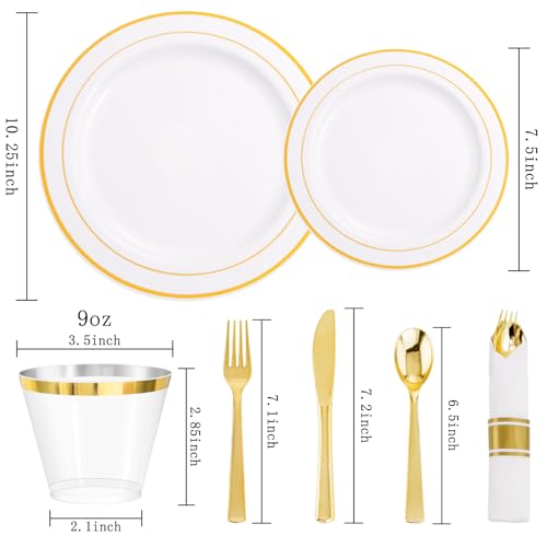 DaYammi 350PCS Gold Plastic Dinnerware Set for 50 Guests, Fancy Disposable Plates for Party, Include: 50 Dinner Plates, 50 Dessert Plates, 50 Pre Rolled Napkins with Gold Silverware, 50 Cups