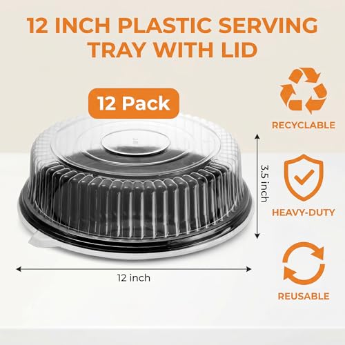 Frcctre 12 Pack 12 Inch Plastic Serving Tray with Lid, Disposable Plastic Food Serving Platters with Clear Dome Lids, Stackable Round Trays for Party, Takeout Food, Catering, Picnic