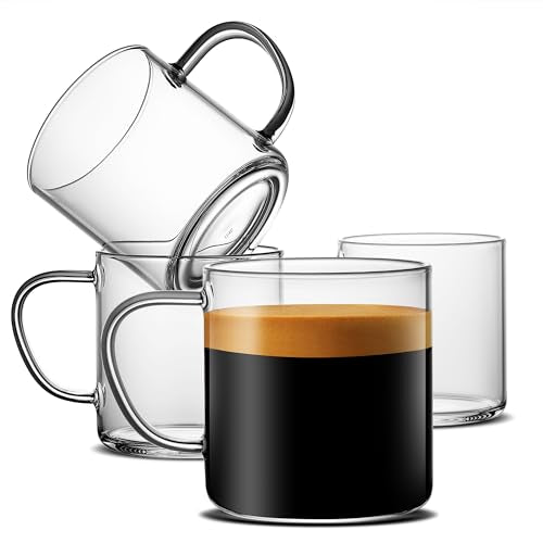 LUXU Glass Coffee Mugs Set of 4,14 oz Clear Coffee Cups,Hand Blown&Seamless Design,Heat Resistant and Explosion-Proof,Lightweight Tea Mugs with Anti Scald Handle Ideal for Home,Cafe