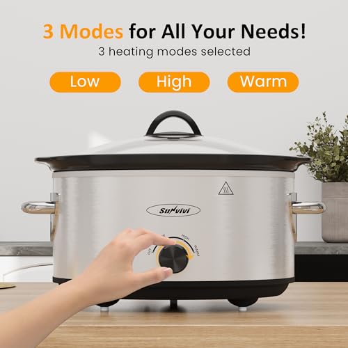Sunvivi 4QT Slow Cooker & Mini Food Warmer with 3 Heating Settings, Removable Ceramic Pot, Dishwasher Safe Glass Lid, Stainless Steel