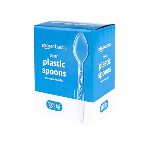 Amazon Basics Disposable Clear Plastic Spoons, Premium Quality, 100 Count, Large Pack, Packaging May Vary