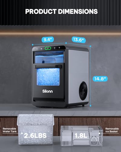Nugget Ice Maker Countertop - Silonn Smart Pebble Ice Machine, Pellet Ice 44 lbs per Day, Crushed Ice from Timer Function and Status Alerts with Silonn App, Stainless Steel