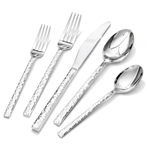 KINGSTONE 40 Piece Hammered Silverware Set, 18/10 Stainless Steel Flatware Set for 8, Cutlery Set for Home, Party, Wedding, Mirror Polished Dishwasher Safe