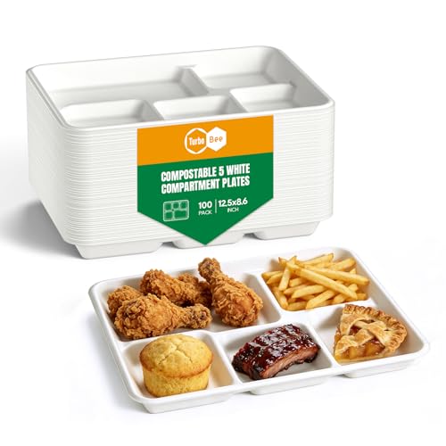 Turbo Bee Disposable 5 Compartment Plates, 100Pack Bagasse Divided Paper Trays, Heavy Duty Serving Plates for School Lunch, Meal Prep, Picnic and Buffet