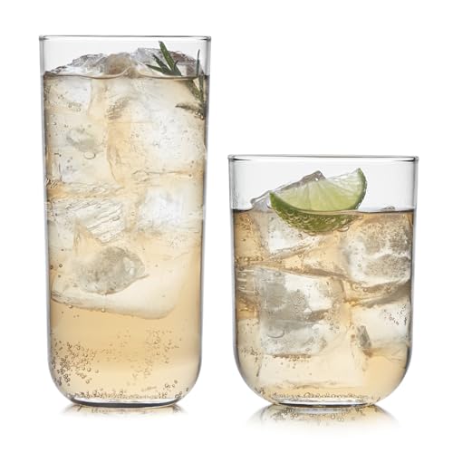 Libbey Polaris Tumbler and Rocks, Axis Glass Cups Set of 16, Elegant Mixed Drinking Glasses with Modern Clean Lines, Dishwasher Safe Glassware Set