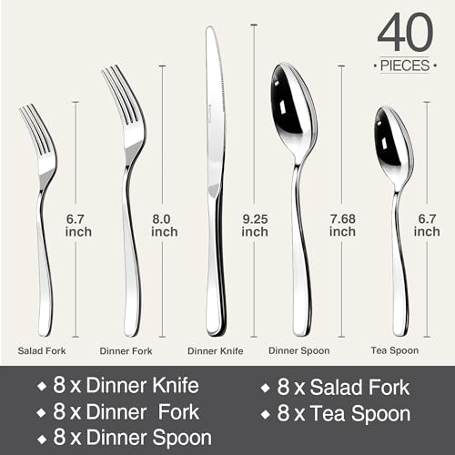 Silverware Set for 8, 40 Piece Heavy 18/10 Stainless Steel Flatware Utensils Cutlery Set, Mirror Polished knives Forks and Spoons Silverware Sets,Dishwasher Safe for Dinner Home Kitchen,Wedding Party
