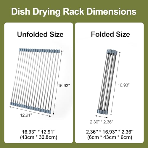 TlaroRiz 16.93 ×12.91 Inch Sink Drying Rack Roll Up, Silicone Wrapped 304 Square Stainless Steel Over the Sink Dish Drying Rack Counter Kitchen Home RV Essentials Foldable Sink Organizer,Grey