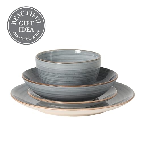 Gibson Home Stonebury 16 Piece Plates and Bowls Blue Dishes - Handpainted Stoneware Dinnerware Set - Service for 4