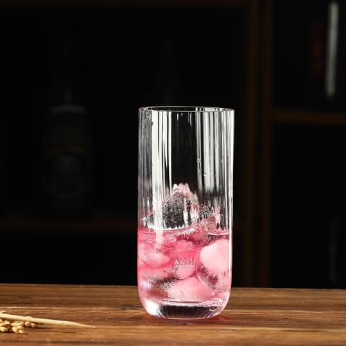 Collins Glasses Set of 6,Highball Glass Set, 15.3 oz, Clear Ribbed Design for Water, Cocktails, Mojito