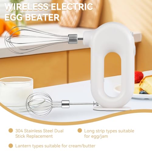4 Speed Electric Hand Mixer, Mini 4 Speed Adjustable Cordless USB Rechargeable Electric Whisk Hand Mixer Portable Handheld Mixer 1500mAh Egg Beater (White)