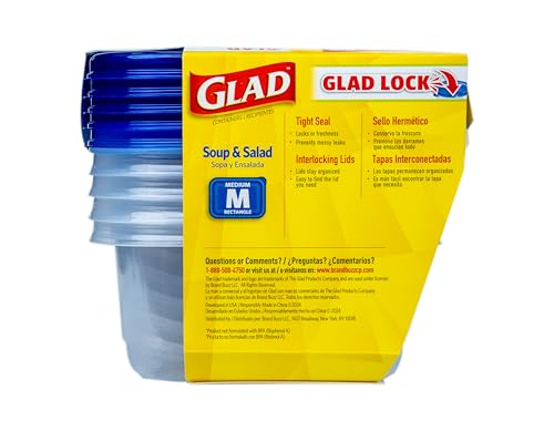 Glad GladWare Medium Rectangle Food Storage Containers with Lids, BPA Free Plastic for Soups Salads and Meal Prep, Airtight Leak Resistant, Microwave Dishwasher Freezer Safe, 24 Oz, 5 Count