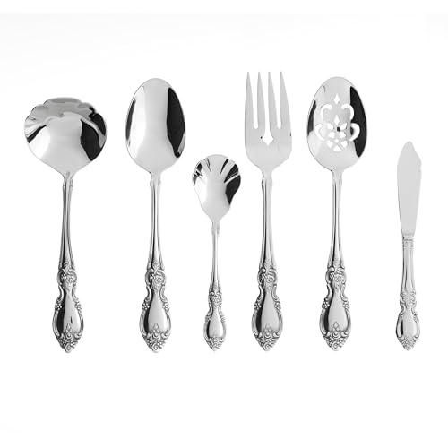 Oneida Silverware Serving Utensils Set of 6, Louisiana 6-Piece Fine Flatware Serveware Set, Serving Spoons Fork Ladel & Spreader, 18/8 Stainless Steel, Mirror Finish, Dishwasher Safe (Silver 6 Pieces)