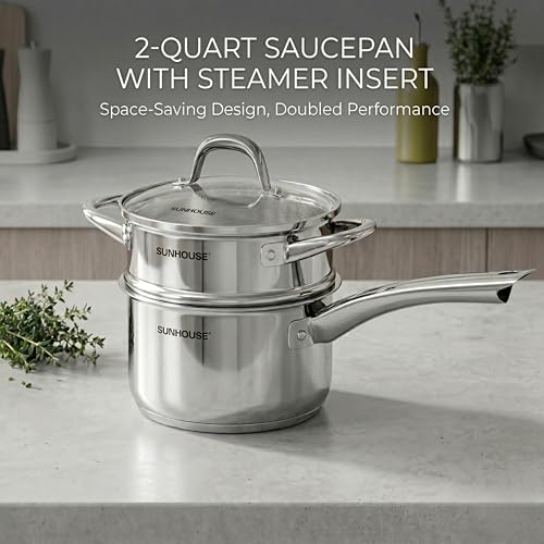 SUNHOUSE 2 QT Stainless Steel Saucepan with Lid and Steamer Basket Insert